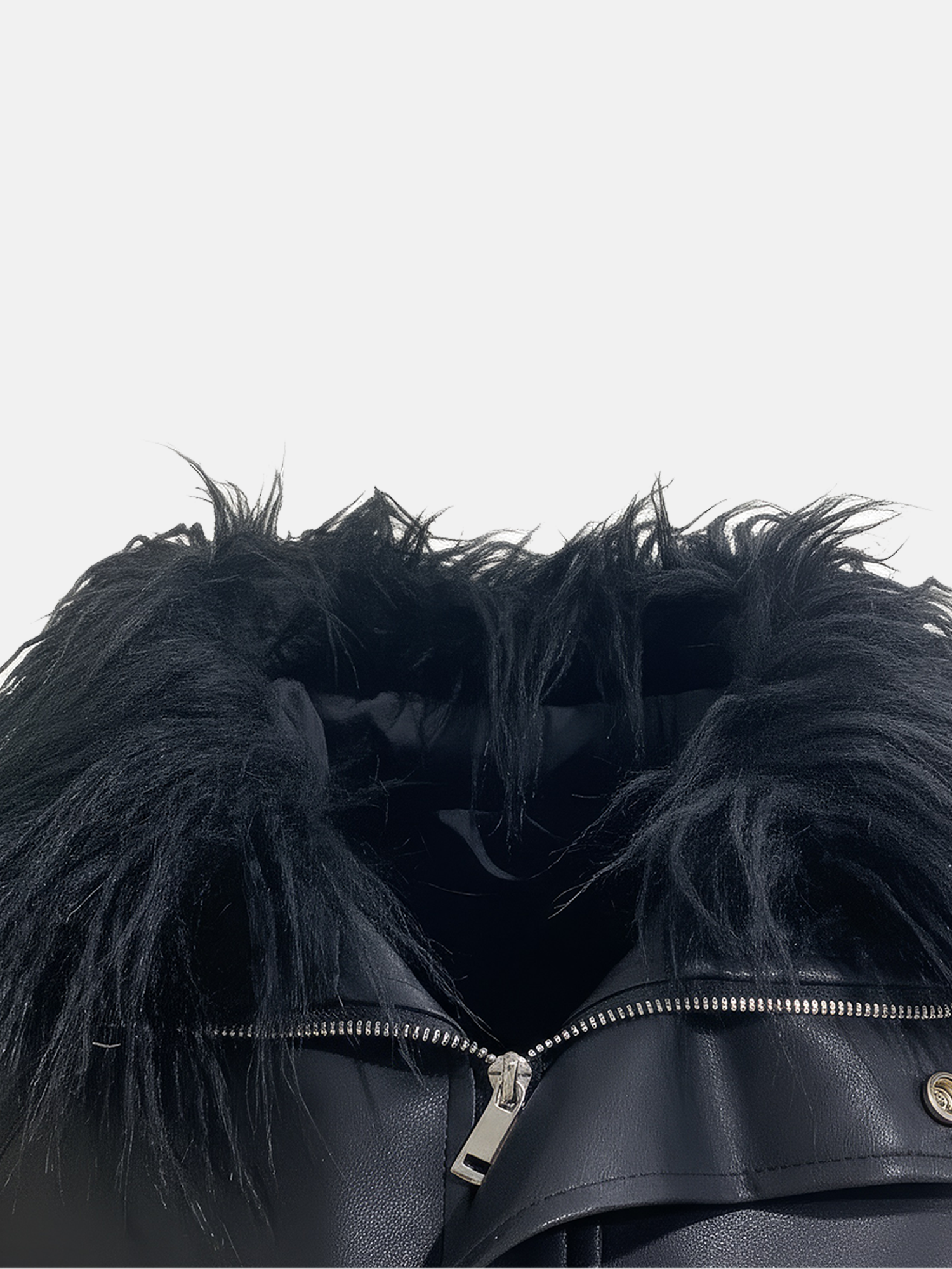 Black leather jacket with feathered hood on a light gray background