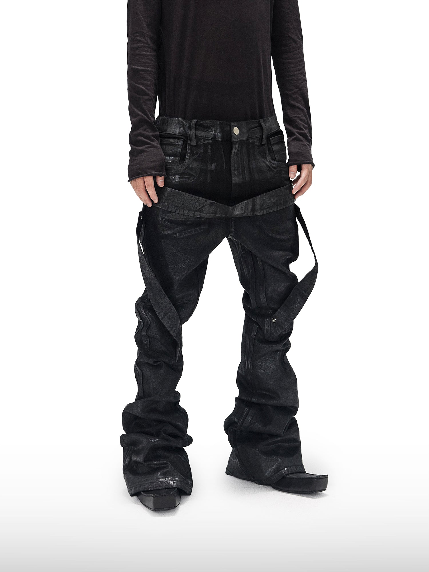 Coated Strapped Flare Jeans