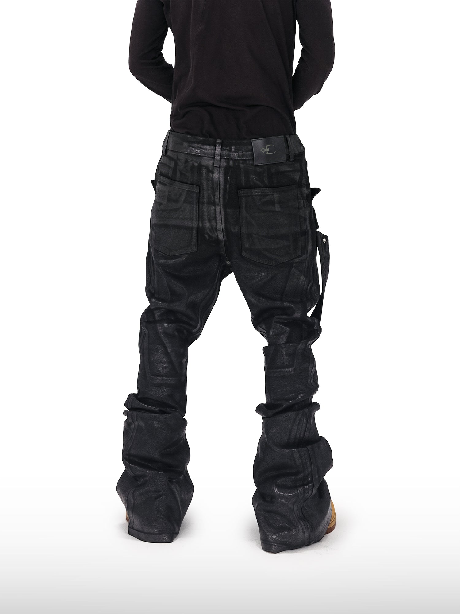 Coated Strapped Flare Jeans