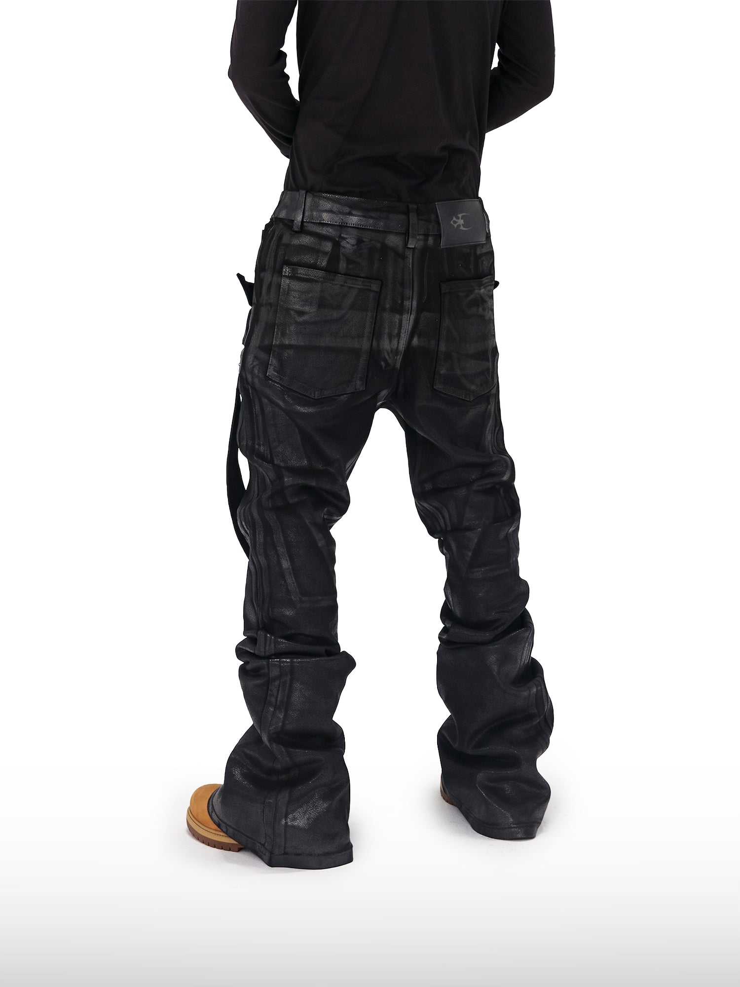 Coated Strapped Flare Jeans