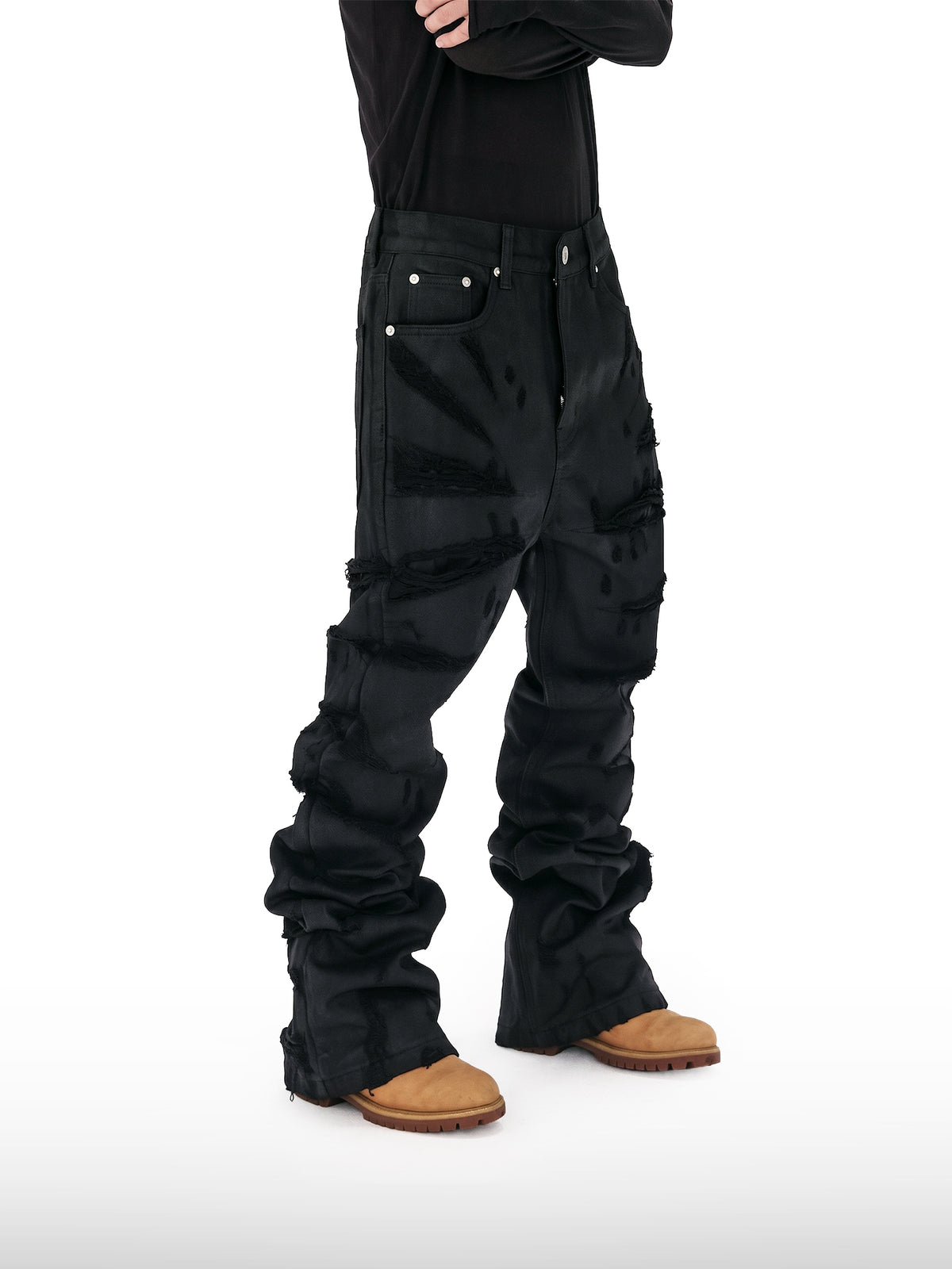 Slashed Waxed Flare Jeans
