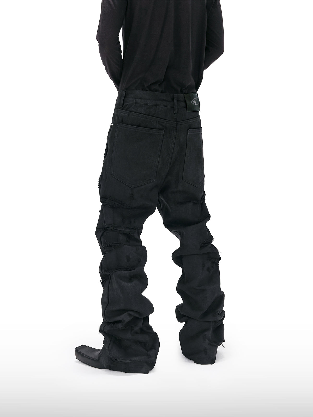 Slashed Waxed Flare Jeans