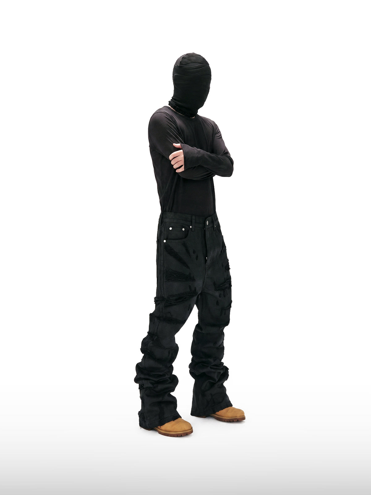 Slashed Waxed Flare Jeans