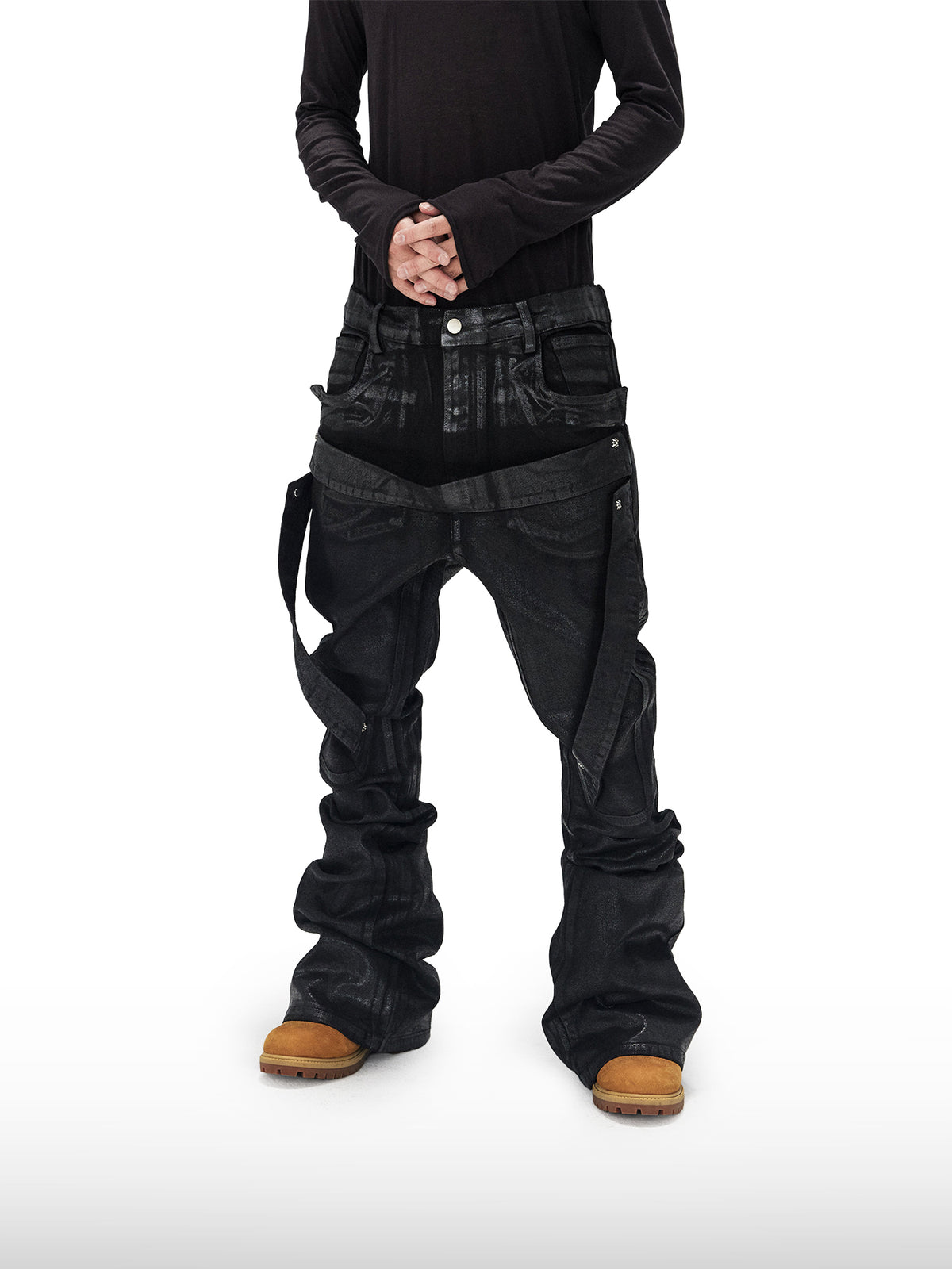 Coated Strapped Flare Jeans