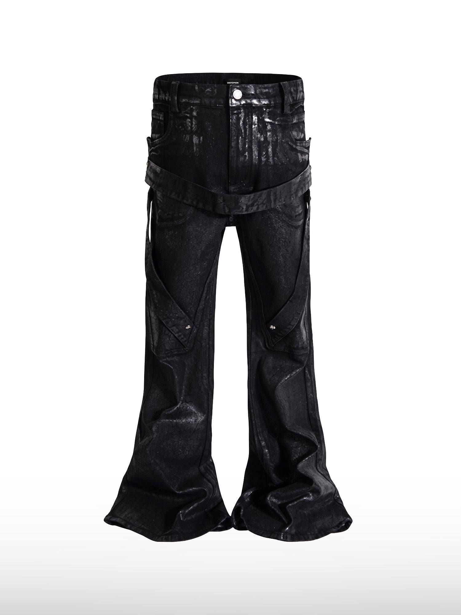 Coated Strapped Flare Jeans