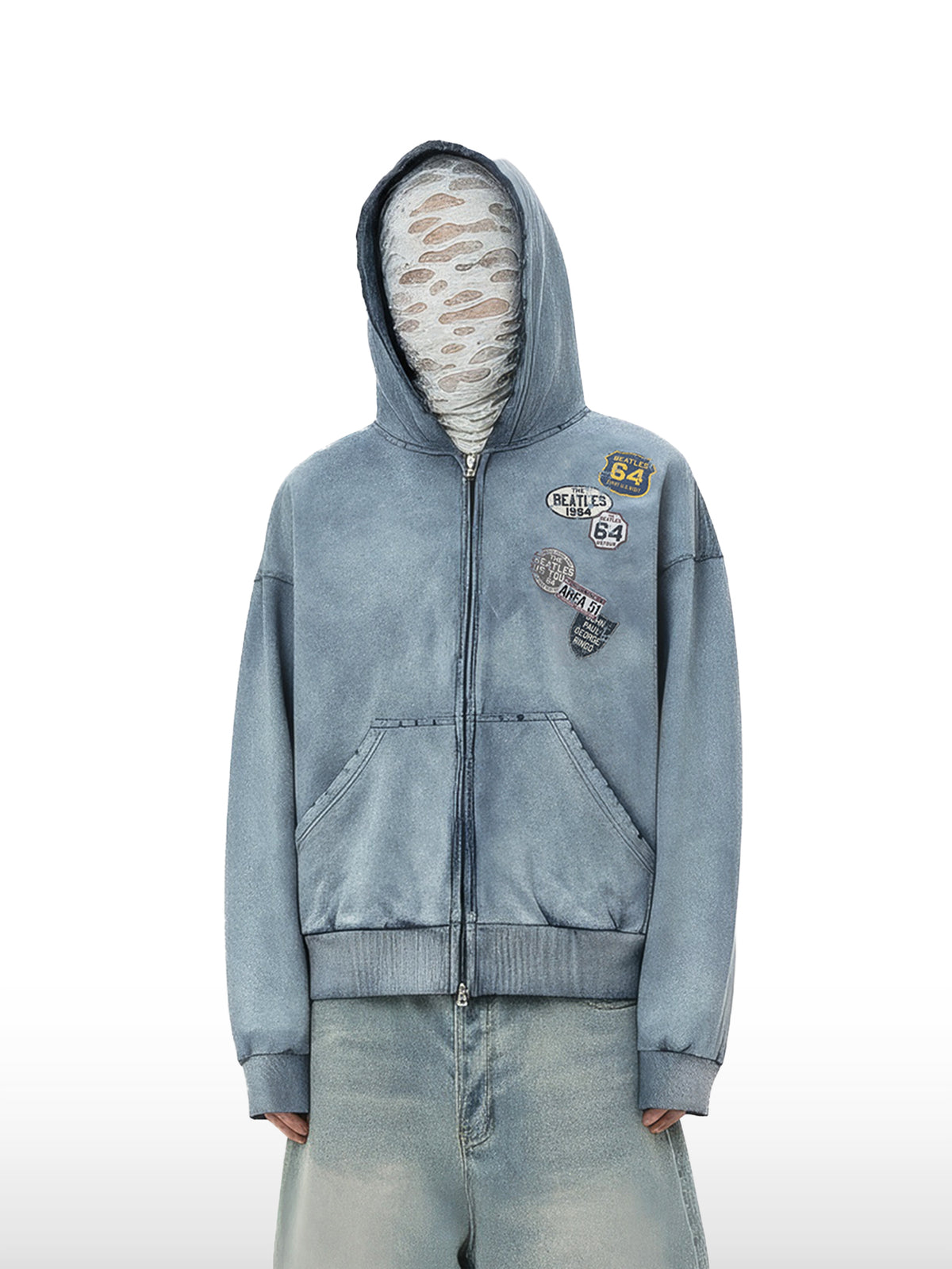 Patched Blue Zip Hoodie
