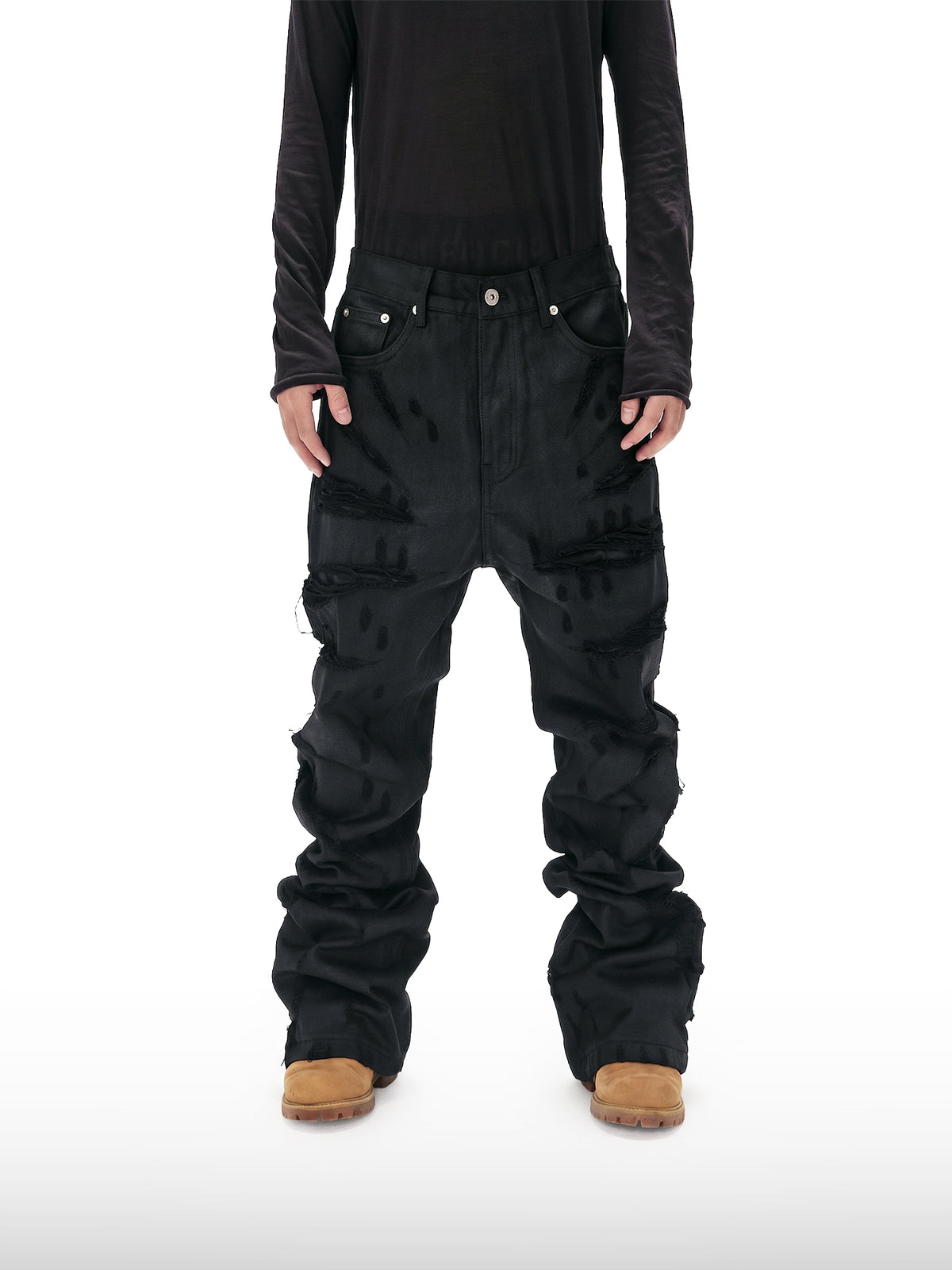 Slashed Waxed Flare Jeans